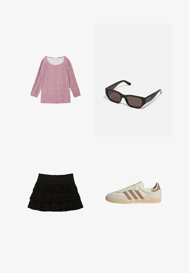 TOM TAILOR 3/4 ARM IN OPTIK - Bluse - organic berry dot design; Sort lagkage nederdel med tre lag af flæser og et tekstureret blomsterdesign. Elastisk talje for komfort og pasform.; Sneakers med et åndbart overdel i cremefarvet mesh, brune læderdetaljer og tre signaturstriber. Let gummisål med struktureret mønster.; Sorte rektangulære solbriller med mørke linser. Har en glat plastisk ramme og logo-detalje på stængerne. Rent, moderne design.; Michael Kors håndleddstropp i beige belagt lær med et gentaget MK-logo mønster, guld hardware og en aftagelig kædestrop.