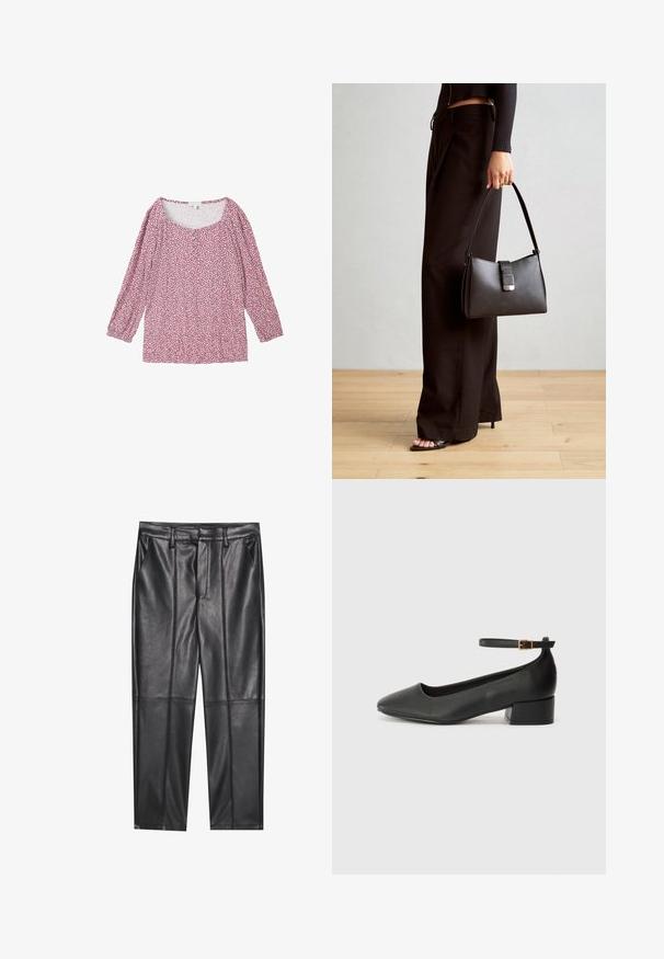 TOM TAILOR 3/4 ARM IN OPTIK - Blúzka - organic berry dot design; Čierne kožené nohavice s hladkou textúrou, rovného strihu, s dvoma prednými vreckami a viditeľným švom.; Čierne kožené lodičky s špicatou špičkou a nízkym blokovým podpätkom. Obsahuje remienok okolo členka so zlatým prackou. Hladký povrch.; Čierna kabelka so štruktúrovaným tvarom, hladkou textúrou a kovovou sponou. V kombinácii so širokými čiernymi nohavicami a sandálmi s otvorenou špičkou na drevenej podlahe.