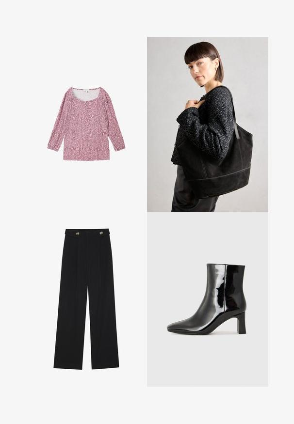 TOM TAILOR 3/4 ARM IN OPTIK - Camicetta - organic berry dot design; Pantaloni neri a gamba larga con vita alta, dettagli con bottoni in vita e pieghe frontali.; Stivaletto in pelle verniciata nera con punta a punta e tacco a blocco di altezza media. Texture liscia e design minimalista.; Borsa tote nera in suede con una texture liscia, forma strutturata e cuciture a contrasto. Presenta lunghe tracolle per il trasporto a spalla.