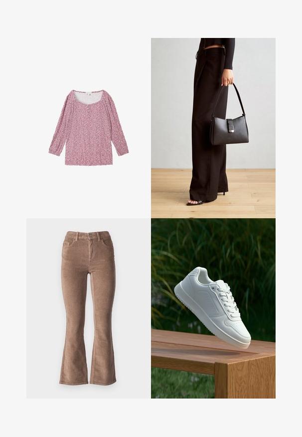 TOM TAILOR 3/4 ARM IN OPTIK - Camicetta - organic berry dot design; Pantaloni a zampa d'elefante in corduroy marrone con una texture a coste, dotati di vita alta, cinque tasche e chiusura con bottone frontale.; Sneaker bianco con tomaia in sintetico liscio, punta perforata, lacci piatti e suola testurizzata, esposto su una superficie di legno.; Borsa nera con forma strutturata, texture liscia e una chiusura metallica. Abbinata a pantaloni neri larghi e sandali open-toe su un pavimento in legno.