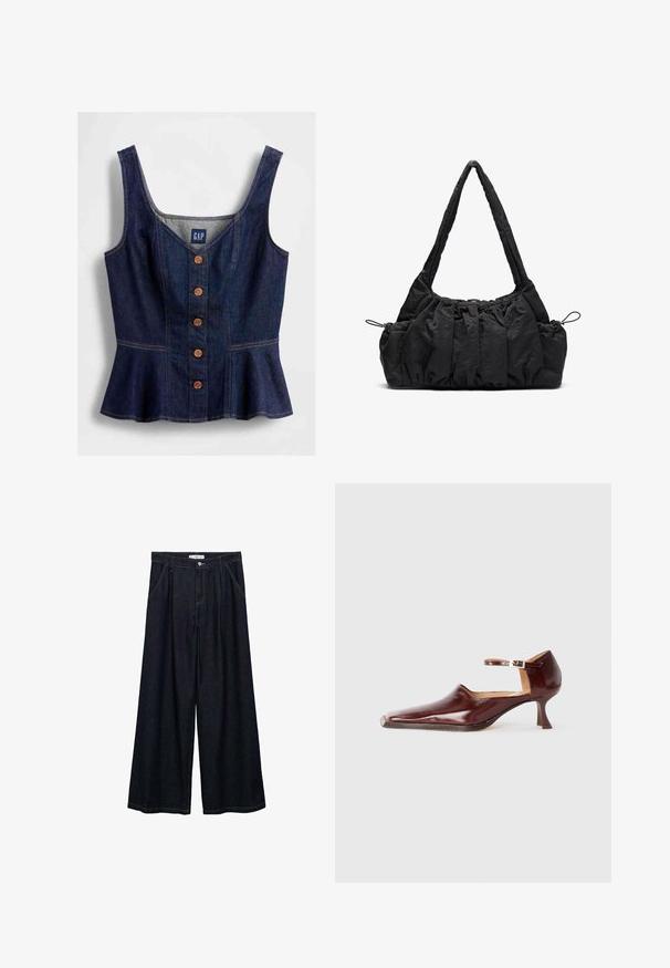 Tummansininen farkkukangas-peplumtunika, jossa on pyöreä pääntie, viisi ruskeaa nappia edessä ja vartaloa myötäilevä leikkaus.; Tummat farkku leveälahkeiset housut korkealla vyötäröllä, joissa on etunapit, kaksi sivutaskua ja ompeluyksityiskohtia.; Burgundiin lakattu nahkakenkä, jossa on terävä kärki, nilkkaremmi ja 5 cm:n kapeneva korko. Sujuva pinta ja minimalistinen muotoilu.; Musta kangaskassi, jossa on rypistetty pinta, kaksi olkahihnaa ja narukiristys sivuilla. Sileä, kevyt materiaali.