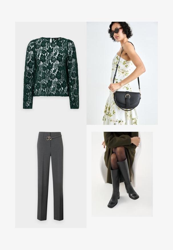 Green lace top with long sleeves, floral patterns, and a keyhole back detail. The material is sheer, featuring intricate textures and embellishments.; Dark gray tailored women's trousers with straight legs and a thin matching belt featuring a gold-tone buckle.; Knee-high black leather boots with a squared toe and block heel, shown with a model seated in an olive green coat. Smooth texture, minimal detailing.; Black leather handbag with a curved shape, detachable strap, and gold hardware. The bag features a flap with a buckle detail.