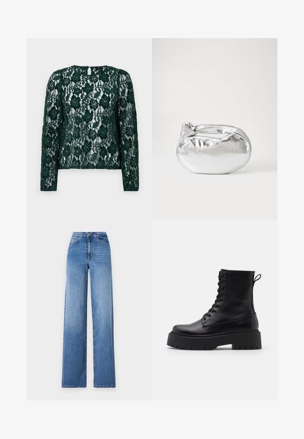 Grünspitzenoberteil mit langen Ärmeln, floralen Mustern und einem Schlüsselloch-Rückendetail. Das Material ist durchsichtig und besitzt komplexe Texturen und Verzierungen.; Helleblaue, weit geschnittene Jeans aus Denim mit hoher Taille, Vorderaschen und einem normalen Knopfverschluss. Glatte Textur.; Schwarze Lederstiefeletten mit runder Zehenpartie, Schnürung vorne und einer dicken Gummisohle mit strukturiertem Profil. Mit Zugschlaufe an der Rückseite.; Silberne metallic Pouch-Tasche mit einer sanften, abgerundeten Form und einem geknoteten Verschluss oben. Hergestellt aus glattem Kunstleder.; Silberne Creolen mit minimalistischem Design. Rundform, glatte Oberfläche und dünnes Profil. Leichtgewichtig mit hochglänzender Oberfläche.