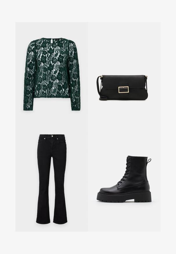 Roheline pitsist ülemine osa pikkade varrukatega, lillemustritega ja võtmeaugu seljavarre detailiga. Materjal on poolläbipaistev, omades keerulisi tekstuure ja kaunistusi.; Mustad flared teksasaapad, millel on keskmise tõusuga vöökoht, eesmine taskud ja nupplikuga kinnistus. Sile tekstuur minimaalse õmbluste detailidega.; Mustad mustad nahast pahkluu saapad ümarate varvastega, nööridega esiosas ja paksu kummist talla ning tekstuuritud mustriga. Tagumine tõmbeaas.; Must haben musta nahkklahviga kott, millel on klapp ja kuldne metallist pandla detail. Kaasas must rihm ja stiilne, minimalistlik disain.