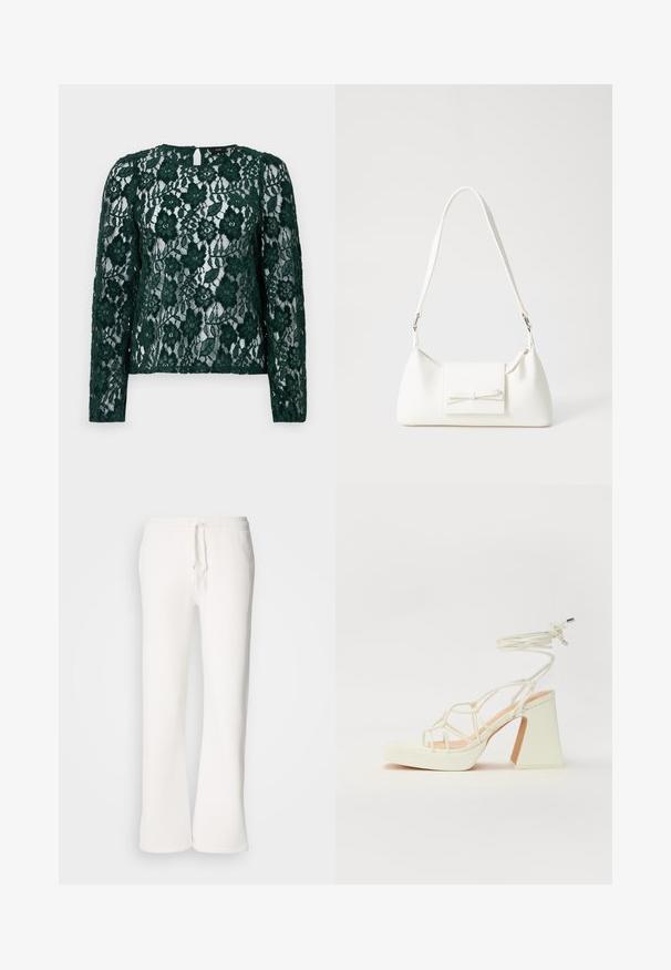 Grønn blonde topp med lange ermer, blomsterdesign og detalj med nøkkelhull bak. Materialet er gjennomsiktig og har intrikate teksturer og dekorasjoner.; Hvite, avslappede joggebukser laget av myk stoff, med elastisk liv med snor og rett ben-design.; Hvit høyhælte sandal med kraftig hæl, med en stroppe-design og ankelbånd. Glatt tekstur med plattform foran for ekstra høyde.; Hvit syntetisk håndveske med trekantet form, flat klaff foran og sløyfe detaljer, justerbar stropp, glatt tekstur og minimalistisk design.