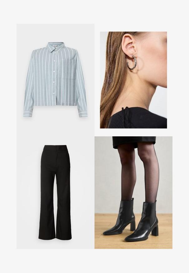 Világoskék cropped ing fehér függőleges csíkokkal, gombos eleje, gallér és bal oldali mellzseb. Puha, textúrált anyagból készült.; Fekete, bő szárú nadrág sima textúrával, magas derékkal és letisztult dizájnnal. Nincs látható zseb vagy díszítés.; Fekete bőr bokacsizma, hegyes orral, vastag négyzetes sarkal és letisztult dizájnnal. Az egyszerű felvételt segítő elasztikus oldalsó panelek jellemzik.; Ez egy ezüst fülbevaló, sima felülettel, amelyen apró arany díszítőelemek találhatók. Kerek formájú és a fülcimpán viselik.