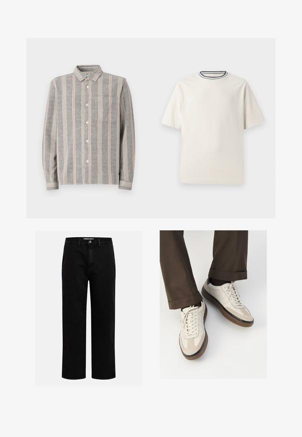 Sivi dolgih rokavov s gumbi, s vertikalnimi črtami v svetlo sivi in roza barvi. Ima žep na prsih in mehko teksturo.; Kremasta bombažna majica s kratkimi rokavi, z okroglim izrezom, okrašenim z mornarsko modrimi in belimi črtami. Gladka tekstura, sproščen kroj.; Črne denim hlače s ravnim krojem, klasičnim pet-takošnjim dizajnom in gumbom za zapiranje v pasu. Gladka tekstura in trpežna tkanina.; Bež teniske z teksturiranim prednjim delom iz usnja, gladkimi kožnimi stranicami in rjavo gumijasto podplatom. Vključene vezalke in svetla šivana detajla.