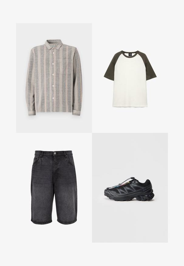 Cămașă gri cu mâneci lungi, cu nasturi, având dungi verticale în tonuri de gri deschis și roz. Prezintă un buzunar pe piept și o textură moale.; T-shirt cu mânecă scurtă, fabricat din bumbac, având un corp alb cu mâneci raglan de un verde închis și guler rotund.; Șorturi negre din denim, cu un croi relaxat, design cu cinci buzunare și închidere cu buton. Materialul are o textură netedă, cu o decolorare subtilă.; Pantofii sport negri au un superior din plasă texturată, vârful întărit și un sistem de șireturi rapid. Dispun de o talpă robustă și o ușoară elevare a călcâiului.