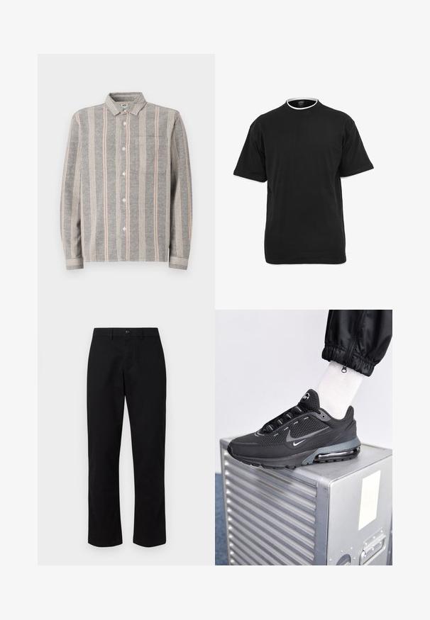 Camisa de botones de manga larga gris con rayas verticales en gris claro y rosa. Presenta un bolsillo en el pecho y una textura suave.; Camiseta de algodón negra de manga corta, con escote redondo y ribete blanco en el cuello y los bordes de las mangas.; GAP SLIM PERFORMANCE STRETCH - Pantalones chinos - true black; Nike Sportswear PULSE - Zapatillas - black/anthracite