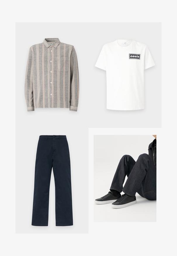Grå langermet skjorte med knapper og vertikale striper i lys grå og rosa. Har en brystlomme og en myk tekstur.; Hvit bomulls t-skjorte med en svart rektangulær logo med ordet "oasis" sentrert. Kortermet og klassisk rundhalsdesign.; Marineblå bomullsbukser med rett ben-design, med knappelukking foran og beltehemper. Enkle, ensfargede teksturer uten mønstre.; Svarte lær sneakers med hvite gummisåler, med runde snørebånd og minimalistisk design, sammen med mørk denim jeans.