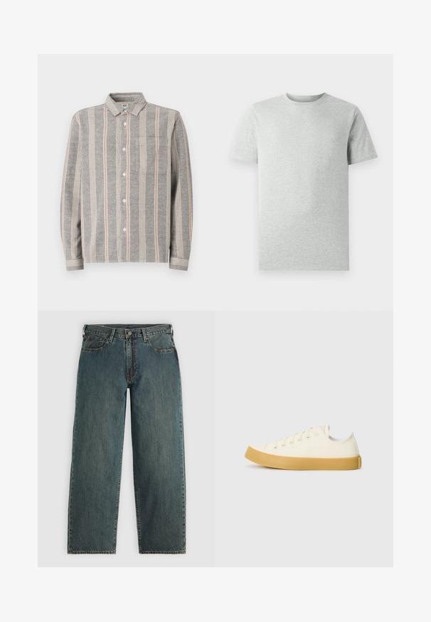 Grijze lange mouwen overhemd met knopen en verticale strepen in lichtgrijs en roze. Bevat een borstzak en heeft een zachte textuur.; Effen lichtgrijze T-shirt met korte mouwen en ronde hals, weergegeven op een witte achtergrond, frontaanzicht zonder zichtbare logo's of ontwerpen.; Diepblauwe recht gesneden denim jeans met een knoop- en ritsluiting, voorzakken en riemlussen op een lichtgrijze achtergrond.; Canvas sneakers in off-white met een ronde neus, voorzien van beige rubberen zolen en vijf oogjes voor veters, met een gestructureerde afwerking op de bovenkant.