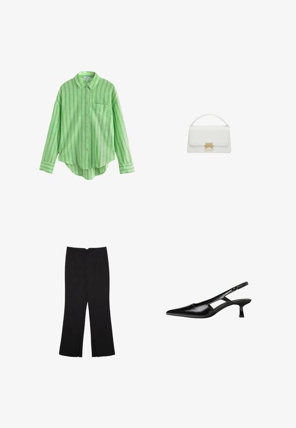 Camicia button-up a righe verde con taschino, caratterizzata da una vestibilità comoda, maniche lunghe e orlo curvo. Realizzata in tessuto leggero.; Pantaloni neri a gamba dritta, con tasche frontali e spacchi laterali all'orlo. Realizzati in tessuto morbido e liscio. Adatti a diverse occasioni.; Tacchi slingback in pelle verniciata nera con punta affusolata, design con tagli laterali e tacco quadrato piccolo. Texture liscia con dettagli minimi.; Borsa a tracolla bianca in pelle con design strutturato, dotata di manico superiore e chiusura in metallo dorato. Texture liscia e accenti minimalisti.