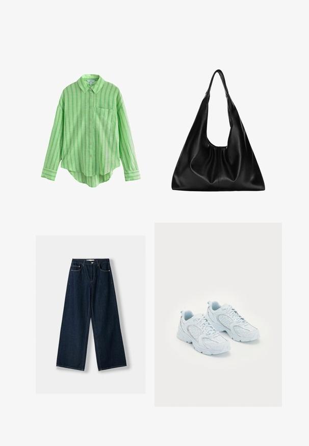Green striped button-up shirt with a pocket, featuring a relaxed fit, long sleeves, and a curved hem. Made of lightweight fabric.; Dark blue, wide-leg jeans made of denim. Features five pockets, a button and zipper closure, and contrast stitching details.; Light blue athletic shoes with a mesh and synthetic upper, featuring white polka dots and reflective accents, lace-up design, and cushioned soles.; Black leather hobo bag with a soft, curved shape. Features a wide top handle and gathers at the base for a slouchy texture.; Metal chain necklace with a thick link design in dark silver. Features a prominent crystal-encrusted centerpiece with a raised, circular shape.