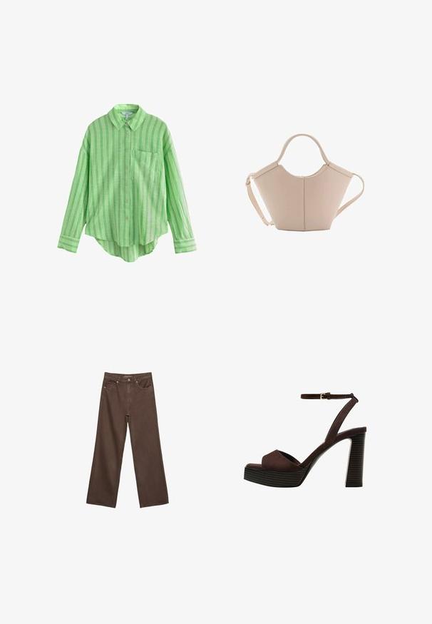 Zelena prugasta košulja s dugim rukavima, opuštenog kroja, ravnog donjeg ruba i džepom. Izrađena od lagane tkanine.; Proširene smeđe traperice od denima, s visokim strukom, prednjim džepovima i klasičnom kopčom na dugme. Glatka tekstura s suptilnim šavovima.; Smeđe zamšaste sandale s visokim potpeticama, otvorenim prstima, podesivom trakicom oko gležnja i prugastom platformom.; Bež kožna torba jedinstvenog oblika, s dva kratka ručka i dugom podesivom trakom. Glatka tekstura s minimalnim metalnim dodacima.