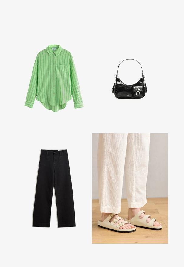 Zeleno pruhovaná košeľa na gombíky s vreckom, uvoľneného strihu, dlhými rukávmi a zakriveným lemom. Vyrobená z ľahkej látky.; Čierne denimové nohavice s širokými nohavicami a vysokým pásom, so prednými a zadnými vreckami, šitými švami a zapínaním na gombík. Hladká textúra.; Svetlo béžové sandále s tromi nastaviteľnými popruhmi a kovovými prackami, polstrovanou stielkou a čiernou gumovou podrážkou.; Čierna laková kožená kabelka s ohnutým tvarom, jedným ramenným popruhom, prednými vreckami a striebornými kovovými doplnkami.