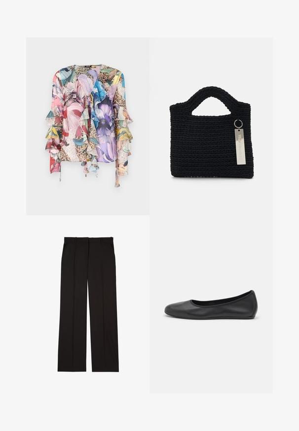 Večbarvna cvetna bluzica z nabranimi rokavi, mehka tkanina, V-izrez in mešanica živalskega vzorca, ki vključuje živahne odtenke roza, modre in zelene.; Črne krojene hlače iz gladkega materiala, s straight-leg obliko in dvema stranskima žepoma. Elegantna in minimalistična zasnova.; Črne usnjene balerinke z zaobljenim nosom, gladko teksturo, minimalnimi šivi in fleksibilno zasnovo podplata.; Won Hundred MARSIELLE COMPUTER BAG UNISEX - Torba za prenosnik - black