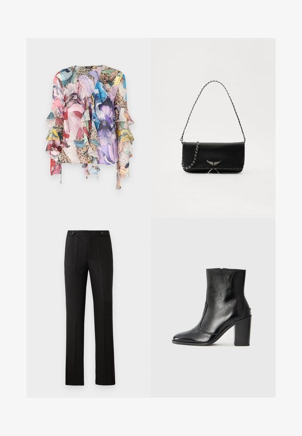 Wielokolorowa bluzka w kwiaty z falbaniastymi rękawami, z miękkiego materiału, z dekoltem w serek oraz z mieszanką wzoru zwierzęcego, w intensywnych odcieniach różu, niebieskiego i zielonego.; Czarne spodnie o dopasowanym kroju z prostymi nogawkami, dwoma przednimi kieszeniami, zapięciem na guzik oraz detalami w postaci plis na przodzie. Gładka tekstura materiału.; Czarne skórzane botki za kostkę o gładkiej fakturze, spiczastym nosku i grubym wysokim obcasie. Posiadają boczne wycięcie i minimalistyczny design.; Czarna skórzana torebka z srebrnym łańcuszkiem, ozdobiona dekoracyjnymi skrzydłami i białym przeszyciem wzdłuż dolnego szwu.
