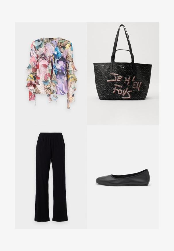 Blouse florale multicolore avec des manches volantes, en tissu doux, décolleté en V, et un mélange de motifs animaliers, présentant des teintes vives de rose, bleu et vert.; Pantalons légers, noirs, avec une taille élastique et une coupe droite. Texture douce sans motifs ni accents visibles. Style simple et polyvalent.; Ballerines en cuir noir avec un bout rond, texture lisse, détails de couture minimalistes et design de semelle flexible.; Sac fourre-tout noir en matériau texturé arborant un motif en losanges, avec des bretelles et un texte rouge et blanc audacieux inscrivant "JE M'EN FOUS."