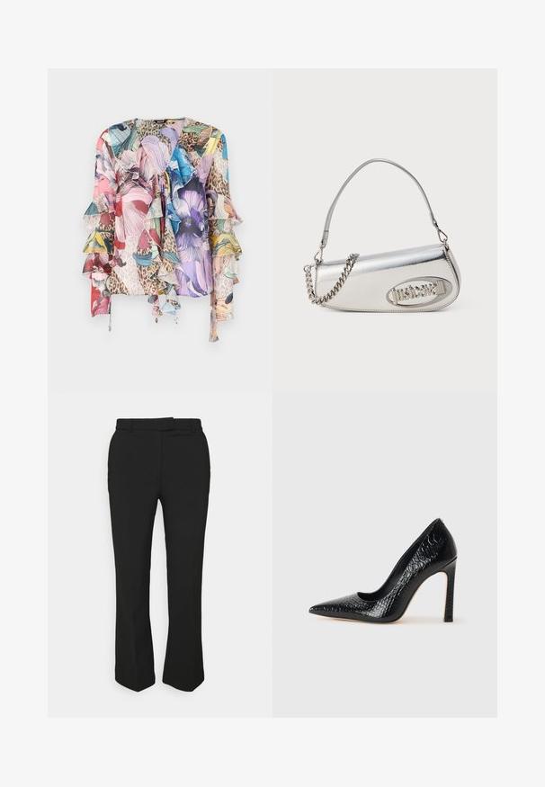 Blusa floreale multicolore con maniche arricciate, tessuto morbido, scollo a V e un mix di stampa animale, con vivaci tonalità di rosa, blu e verde.; Pantaloni neri su misura con design a gamba dritta, dotati di passanti per cintura e tasche laterali. Realizzati in tessuto liscio con una finitura pulita.; Scarpa nera con punta a punta alta in pelle di coccodrillo, caratterizzata da un design elegante, alto tacco a spillo e interno nero liscio.; Borsa a mano metallica argentea con forma triangolare arrotondata, con logo, tracolla a catena e texture liscia. Chiusura con zip sul lato.