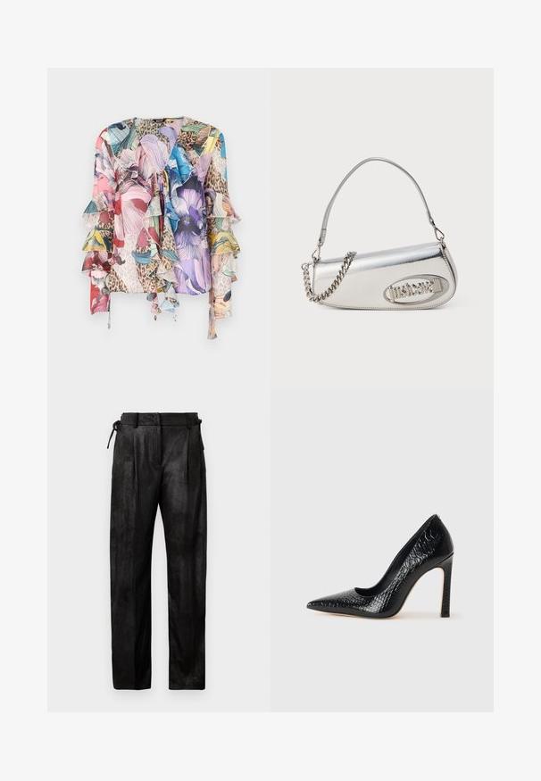 Blouse florale multicolore avec des manches volantes, en tissu doux, décolleté en V, et un mélange de motifs animaliers, présentant des teintes vives de rose, bleu et vert.; Pantalons noirs taille haute en matière texturée. Présente une jambe droite, des plis et un cordon de serrage ajustable à la taille.; Escarpin noir à bout pointu avec texture en cuir de crocodile, présentant un design élégant, un haut talon aiguille et un intérieur noir lisse.; Sac à main métallique argenté avec une forme triangulaire arrondie, comportant un logo, une chaîne en bandoulière et une texture lisse. Fermeture éclair sur le côté.