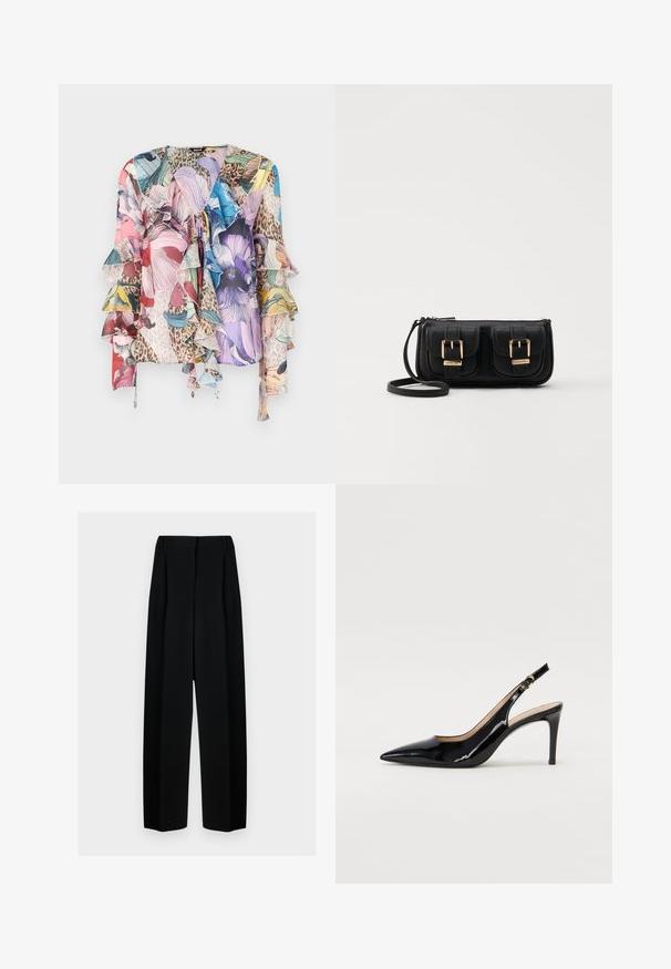 Blusa floral multicolorida con mangas acampanadas, tejido suave, escote en V y una mezcla de estampado animal, con vibrantes tonos de rosa, azul y verde.; Pantalones de pierna ancha negros con cintura alta, que presentan pliegues y una textura suave. El tejido parece ligero y se drapea de forma elegante.; Zapatos de charol negro con tirante al tobillo, punta afilada, tacón delgado y un diseño de corte sutil. Presenta una hebilla dorada en la correa.; Bolso cruzado de cuero negro con dos bolsillos frontales, hebillas doradas, cierre de cremallera y una correa delgada. Superficie texturizada y forma rectangular compacta.