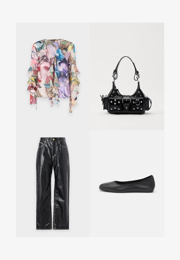 Multicolored floral blouse with ruffled sleeves, soft fabric, V-neck, and a mix of animal print, featuring vibrant hues of pink, blue, and green.; Black faux leather pants with a wide-leg cut, featuring white stitching, front pockets, and a gold button at the waistband.; Black leather ballet flat with a rounded toe, smooth texture, minimal stitching detail, and a flexible sole design.; Black leather handbag with a curved design, featuring silver studs, a buckle, and two side pockets. Adjustable strap for carrying options.