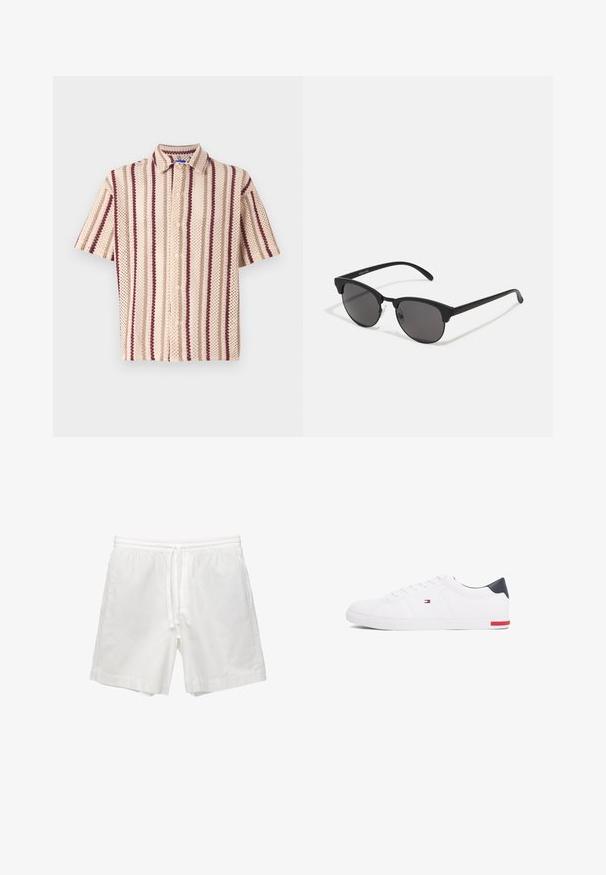 Korte mouw button-up shirt in beige met bordeauxrode en crèmekleurige strepen, voorzien van een textuurpatroon en kraagdetail.; Witte katoenen shorts met een elastische tailleband met trekkoord, zijzakken en een rechte snit met afgewerkte zomen.; Witte lage sneakers gemaakt van glad leer. Beschikt over een marineblauwe hielkap en een rode accent op de zool. Zes oogjes voor veters.; Zwarte zonnebril met ronde lenzen, matte afwerking en een kenmerkende cat-eye vorm. Slanke armen met subtiele branding op de linkertempel.