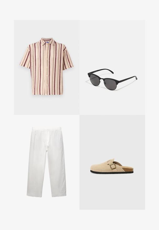 Koszulka z krótkim rękawem zapinana na guziki w kolorze beżowym z burgundowymi i kremowymi paskami, z teksturowanym wzorem i detalami kołnierzyka.; Białe lniane spodnie z elastycznym pasem i sznurkiem, szerokimi nogawkami i czystymi szwami. Gładka tekstura z luźnym krojem.; Beżowe zamszowe klapki z korkową wkładką, zaokrąglonym noskiem i prostym paskiem z złotym zapięciem. Gumowa podeszwa zapewniająca przyczepność.; Czarne okulary przeciwsłoneczne z okrągłymi soczewkami, matowym wykończeniem i charakterystycznym kształtem kota. Smukłe ramiona z subtelnym logo na lewym skroniu.