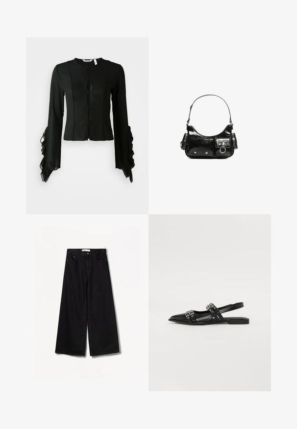 Čierna blúzka vyrobená z hladkej tkaniny, s vysokým golierom, predným zapínaním na gombíky a dlhými rukávmi s volánovými akcentami na manžetách.; Bershka WIDE-LEG - Široké nohavice - black; Even&Odd Balerínky - black; Čierna laková kožená kabelka s ohnutým tvarom, jedným ramenným popruhom, prednými vreckami a striebornými kovovými doplnkami.