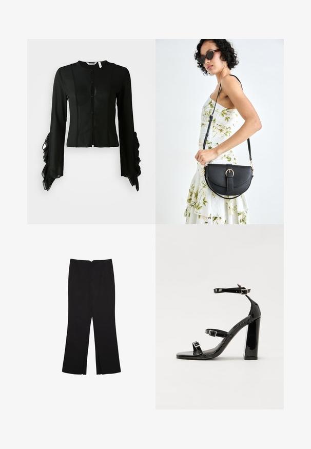 Schwarze Bluse aus glattem Stoff mit hohem Kragen, Knopfverschluss und langen Ärmeln mit Rüschendetails an den Manschetten.; Schwarze Hose mit geradem Schnitt, ausgestattet mit Fronttaschen und Seitenschlitzen am Saum. Hergestellt aus weichem, glattem Stoff. Geeignet für verschiedene Anlässe.; Schwarze patentierte Sandalen mit Absatz, quadratischer Spitze, Knöchelriemen und silbernen Schnallen. Mit einem stabilen Blockabsatz für mehr Stabilität.; Schwarze Lederhandtasche mit geschwungener Form, abnehmbarem Tragegurt und goldenen Beschlägen. Die Tasche verfügt über einen Deckel mit einer Schnallen-Details.