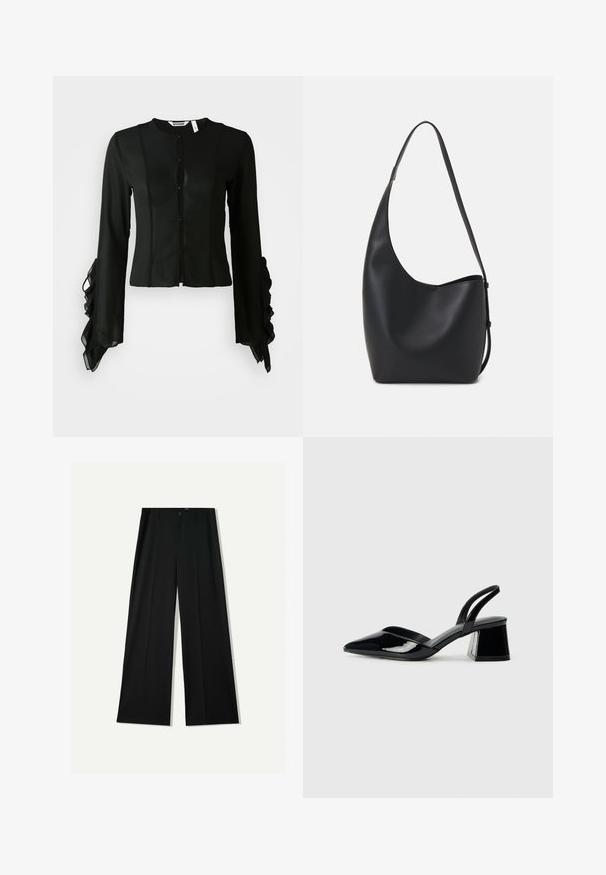 Črna bluzica iz gladkega materiala, z visokim ovratnikom, sprednjim gumbom ter dolgimi rokavi z nabranimi detajli na manšettah.; Bershka WIDE - Hlače - black; Črne lakirane slingback pete s koničastim nosom in geometrijsko blokasto peto. Imajo eleganten, minimalističen dizajn in gladko teksturo.; Črna usnjena hobo torba z gladko teksturo, ukrivljeno obliko in eno nastavljivo naramnico; ima širok odprtina na vrhu.
