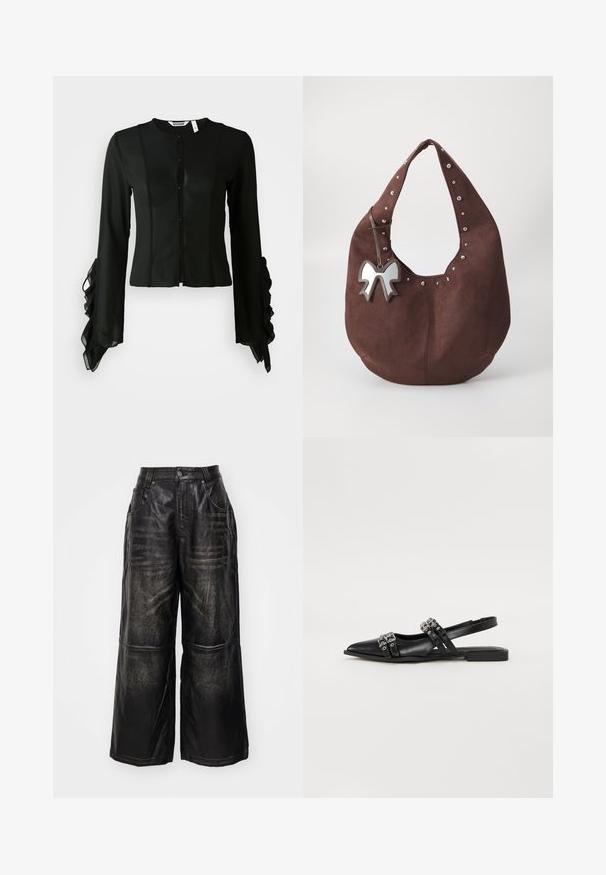 Svart bluse laget av glatt stoff, med høy hals, knappelukking foran og lange ermer med volanger ved mansjettene.; Svarte vide bukser laget av lær med en lett glans. Har stikninger og frontlommer, ferdig med knapp og glidelås.; Even&Odd Ballerina - black; Brun suedette hobo-veske med sølvnagler langs den øverste kanten og en metallisk sløyfecharms festet til stroppen. Bred åpning og myk tekstur.