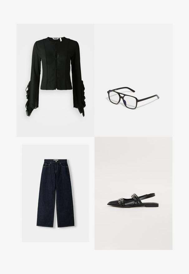 Zwarte blouse van gladde stof, met een hoge halslijn, knoopsluiting aan de voorkant en lange mouwen met ruches bij de manchetten.; Donkerblauwe denim wijduitlopende jeans met een hoge taille, vijf zakken, contrasterende stiksels en zilveren metalen hardware. Gladde textuur en een nette afwerking.; Even&Odd Slingback ballerina´s - black; Zwarte rechthoekige brillen met heldere lenzen en een subtiele paarse tint, met slanke armen en een minimalistisch ontwerp.