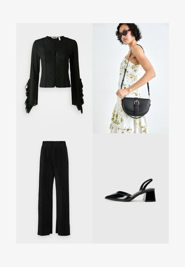 Melns blūze, kas izgatavota no gludas auduma, ar augstu izgriezumu, pogu priekšpusi un garām piedurknēm ar ieplūdes akcentiem pie aprocēm.; Melni plīšu bikses ar elastīgu jostu. Tām ir platākas kājas un gluda, teksturēta auduma ar vertikālām svītrām.; Melna lakota āda ar atvērto papēdi, ar smailu purngalu un ģeometrisku blokpapēdi. Iezīmējas elegants, minimāls dizains un gluda tekstūra.; Melnas ādas rokassoma ar izliekta formu, noņemamu siksnu un zelta aksesuāriem. Somai ir vāciņš ar sprādzes detaļu.