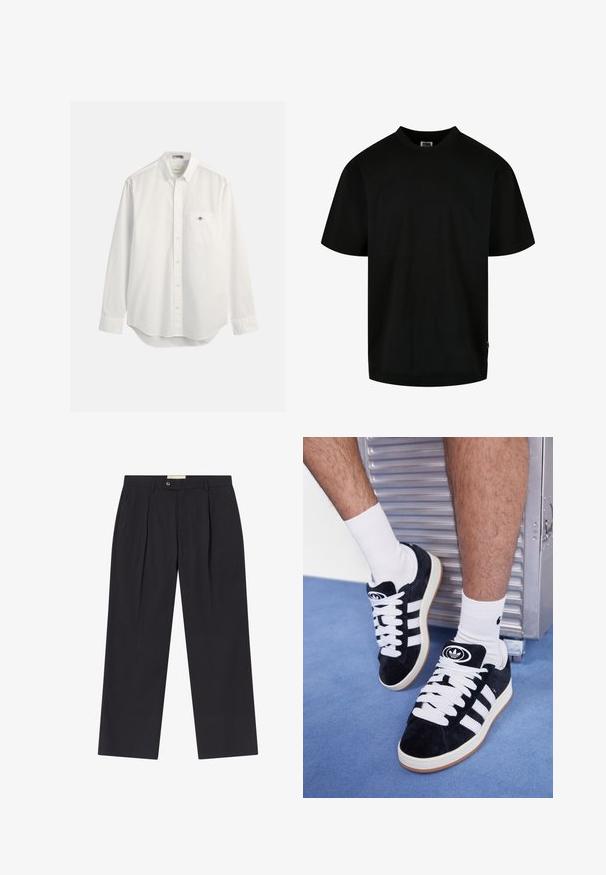 Weißes Hemd aus Baumwolle, mit einer Brusttasche und einem kleinen Logo. Lange Ärmel und ein leicht abgerundeter Saum.; Schwarzes T-Shirt aus Baumwolle, mit Rundhalsausschnitt und kurzen Ärmeln in lockerer Passform. Einfaches Design, ohne Muster oder Grafiken.; Maßgeschneiderte dunkelblaue Stoffhosen mit hoher Taille, zwei frontalen Falten, Knopfverschluss und geraden Beinen aus glattem Material.; Schwarze Wildledersneaker mit weißen Schnürsenkeln und drei weißen Streifen. Verfügt über ein kreisförmiges schwarzes Logo auf der Zunge und eine Gummisohle.