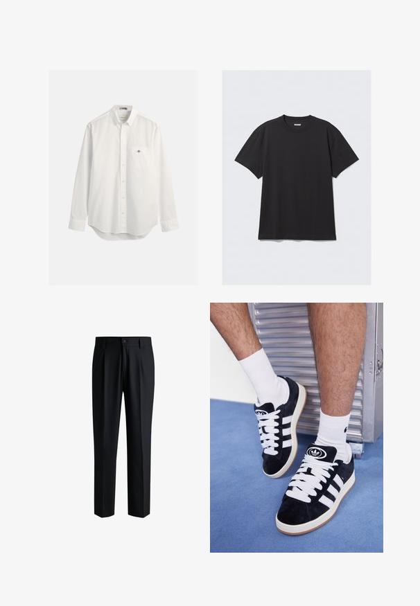 Weißes Hemd aus Baumwolle, mit einer Brusttasche und einem kleinen Logo. Lange Ärmel und ein leicht abgerundeter Saum.; Schwarzes T-Shirt mit kurzen Ärmeln aus Baumwolle. Hat einen Rundhalsausschnitt und eine lockere Passform. Einfaches Design ohne sichtbare Muster oder Akzente.; Schwarze Hose aus glattem Stoff, mit geradem Bein-Design, Falten vorne und einem Knopfverschluss mit Gürtelschlaufen.; Schwarze Wildledersneaker mit weißen Schnürsenkeln und drei weißen Streifen. Verfügt über ein kreisförmiges schwarzes Logo auf der Zunge und eine Gummisohle.