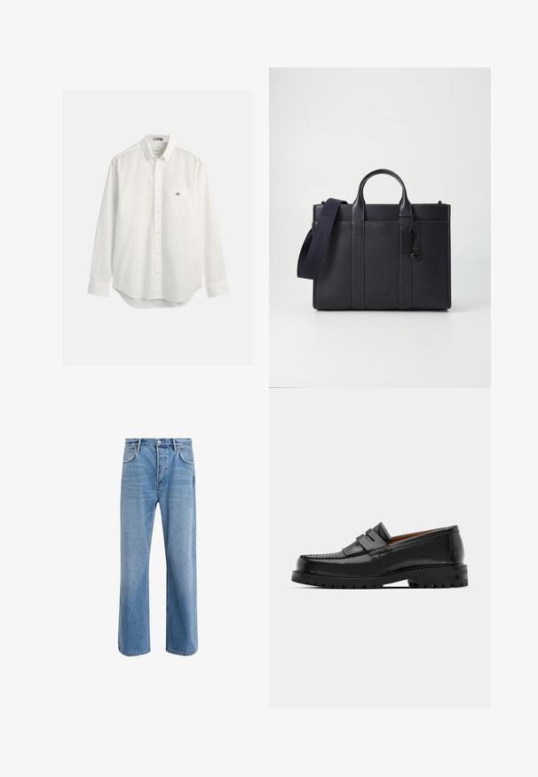 Camisa blanca de botones, hecha de algodón, con un bolsillo en el pecho y un pequeño logo. Manga larga y dobladillo ligeramente redondeado.; Jeans de mezclilla azul claro con un diseño de pierna recta, cinco bolsillos, cierre de botón, ligeramente desgastados y detalles de costura en contraste.; Los mocasines de cuero negro presentan una costura elevada, dos correas decorativas en la parte superior y una suela gruesa y texturizada para mayor agarre.; Maletín de cuero negro marino con dos asas superiores y una correa desmontable. Presenta un acabado texturizado, costura vertical y detalle del logo.