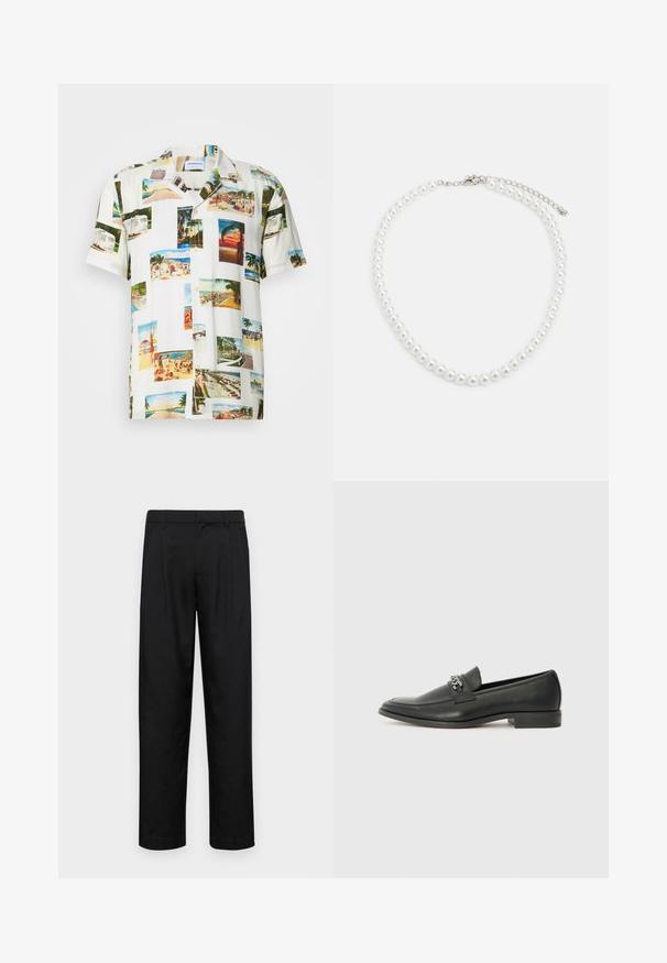 Biała koszula z krótkim rękawem z kolażem zdjęć tropikalnych scenerii w różnych kolorach. Lekki materiał, zapięcie na guziki z przodu i luźny krój.; Czarne spodnie wykonane z gładkiego materiału, z prostą nogawką, dwoma fałdami z przodu oraz standardowym paskiem z wypustkami na pasek.; Czarne skórzane mokasyny o gładkim wykończeniu, z haftowanym wzorem i dekoracyjnym akcentem z metalowego łańcucha na wierzchu. Płaska pięta.; Biała perłowa naszyjnik o jednolitym, okrągłym kształcie, gładkiej powierzchni oraz metalowym zapięciu z przedłużanym łańcuszkiem dla regulowanej długości.