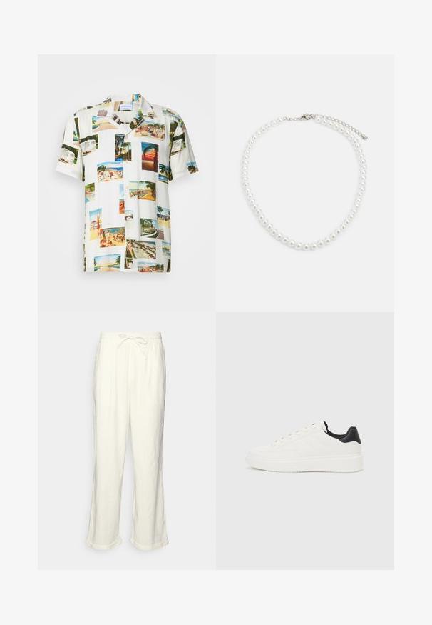 Wit T-shirt met korte mouwen met een collage van tropische landschapfoto's in verschillende kleuren. Lichtgewicht stof, knoopsluiting aan de voorkant en een ontspannen pasvorm.; Linnen broek in gebroken wit met een trekkoord in de taille, iets wijde pijpen en opgerolde manchetten voor een relaxte pasvorm. Geen zakken.; Witte leren sneaker met een reliëfpatroon, textuur van de witte tussenzool en een zwarte hielaccent. Heeft een ronde neus en platte veters.; Witte parelketting met een uniforme ronde vorm, gladde oppervlakte en een metalen sluiting met een uitbreidingsketting voor verstelbare lengte.