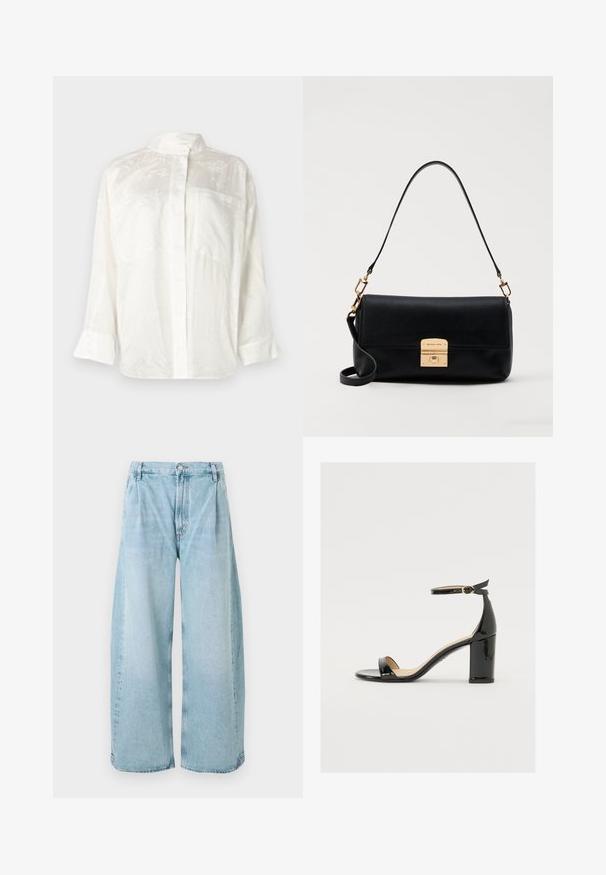 Weißes Hemd mit Knöpfen, das eine strukturierte Oberfläche und leichten Glanz aufweist, mit Stehkragen und langen Ärmeln mit aufgeschlagenen Manschetten.; Hellblaue, weit geschnittene Jeanshose mit Falten an der Vorderseite, Knopfverschluss und geraden Säumen, die einen verblassten Look aufweisen.; Schwarze Lackleder-Sandalette mit weitem Absatz, offener Zehenpartie und Knöchelriemen mit goldener Schnalle. Glatte Textur und elegantes Design.; Schwarze Lederhandtasche mit flacher, rechteckiger Form, goldfarbenen Beschlägen und einem oberen Griff. Mit einer Verschlussklammer und einem charakteristischen Logo-Detail.
