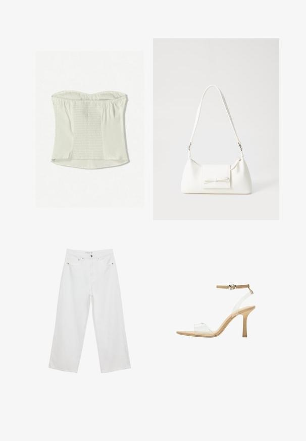 Biely top bez ramienok s nariasenou textúrou v strede, hladkými hranami a skrytým bočným zipsom. Mäkkučká tkanina, priliehavý strih.; Biele široké džínsy z denimu s vysokým pásom, vybavené piatimi vreckami a kovovými doplnkami. Hladká textúra, žiadne viditeľné vzory.; Priehľadné sandále na vysokom podpätku s transparentným zvrškom, béžovou stielkou a štíhlym remienkom na členku. Majú špicatú špičku a tenký vysoký podpätok.; Biela syntetická kabelka s trojuholníkovým tvarom, plochým predným klapkou a detailom mašle, nastaviteľným popruhom, hladkou textúrou a minimalistickým dizajnom.