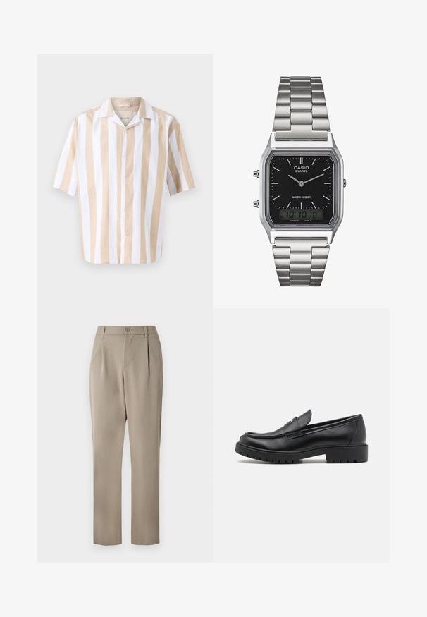 Kurzärmliges Hemd mit Knöpfen in hellbeige und weißen vertikalen Streifen. Aus leichtem Stoff gefertigt, mit einem Camp-Kragen und Knöpfen.; Weißes ärmelloses Tanktop aus geripptem Baumwollmaterial. Hat einen gerundeten Ausschnitt und eine glatte Textur. Das Etikett trägt die Aufschrift "PULL&BEAR."; Khakihosen mit geradem Bein, ausgestattet mit einem Knopfverschluss und einer gefältelten Vorderseite. Hergestellt aus glattem Stoff mit matter Oberfläche.; Schwarze Lederloafers mit runder Zehenform, eleganter Schlupfdesign und dicker Gummisohle mit strukturiertem Griff. Erhöhter Absatz und dezente Nähdetails.; Silberner Edelstahl-Quartz-Uhr mit schwarzem rechteckigem Zifferblatt, ausgestattet mit analogen Zeigern, digitaler Anzeige und Wasserdichtigkeitslabel.