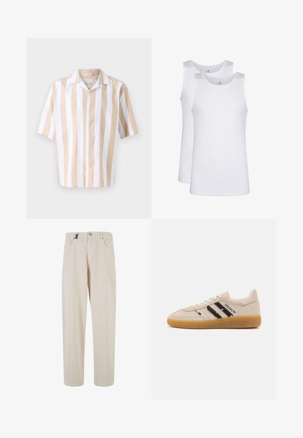 Short-sleeve button-up shirt in light beige and white vertical stripes. Made of lightweight fabric, featuring a camp collar and buttons.; White cotton tank tops, sleeveless design, round neck, plain texture, featuring a soft, lightweight fabric. Two pieces displayed.; Beige cotton trousers with a straight-leg design, featuring front pockets and a button closure. Smooth texture with minimal detailing.; Beige suede sneaker with black stripes and "Spezial" text, features a textured gum rubber sole and classic lace-up design.