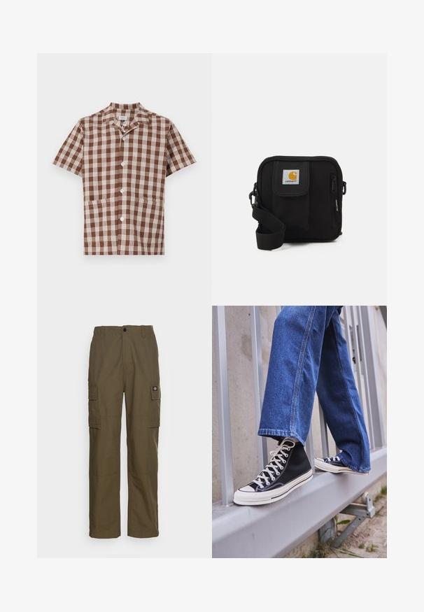 Ruskea ja beige ruudullinen lyhythihainen paita, jossa on kauluspääntie, nappisulku ja kaksi etutaskua. Sileä puuvillakangas.; Valkoinen lyhythihainen t-paita, joka on valmistettu puuvillasta. Paitassa on pyöreä kaula-aukko ja sileä pinta, suora leikkaus ja ilman kuvioita.; Olivi vihreät cargo-housut, jotka on valmistettu kestävästä kankaasta. Ominaisuuksia ovat kaksi sivutaskua, normaali vyötärö ja suora lahje.; Mustat high-top tennarit valkoisella pohjalla ja nauhoilla, yhdistettynä väljään sinisiin farkkuihin, lepäävät harmaalla kaiteella.; Mustat olkalaukku, jossa on vetoketjullinen pääosasto, etutasku, säädettävä hihna ja näkyvä logo-merkki kannessa.