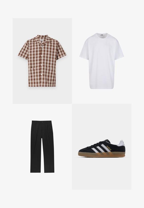 Barna és bézs kockás, rövid ujjú ing, galléros nyakkal, gombos záródással és két elülső zsebbel. Simára szőtt pamut anyag.; Fehér pamut póló rövid ujjal, kerek nyakú, laza szabású, és nincsenek látható logók vagy minták. Simább textúra és minimalista dizájn.; Fekete nadrág egyenes szárú kialakítással, sima anyagból készült. Elöl redők és egy gombos záródás található a derékon.; Fekete velúr sportcipő fehér csíkokkal, bézs gumitalppal és arany "Gazelle" logóval. Klasszikus alacsony felső kialakítás, texturált felsőrészzel.