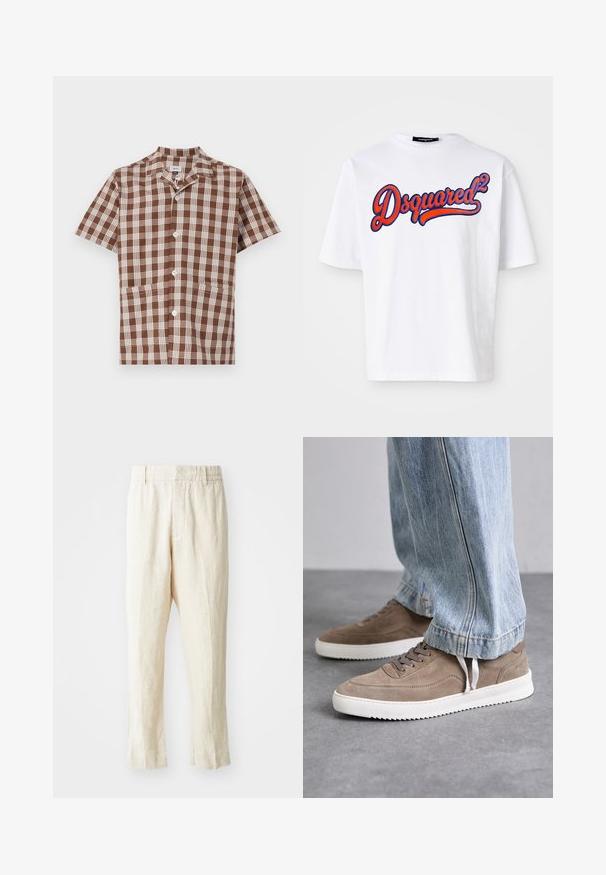 Barna és bézs kockás, rövid ujjú ing, galléros nyakkal, gombos záródással és két elülső zsebbel. Simára szőtt pamut anyag.; Fehér pamut póló kerek nyakkal, a mellkason kiemelkedő kék és piros hímzett "Dsquared²" logóval. Rövid ujjak.; Beige vászon nadrág laza szabással, keskeny lábakkal és sima elejével. Jellemzője egy rugalmas derékpánt a kényelem érdekében és minimális varrási részletek.; Barna velúr sportcipők fehér gumi talppal, kerek fűzőkkel és alacsony profilú kialakítással. A farmernadrág részben takarja a cipőket.