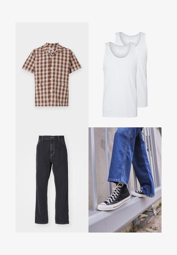 Camicia a maniche corte a quadri marrone e beige, con colletto, chiusura a bottoni e due tasche frontali. Tessuto di cotone liscio.; Canottiere bianche in cotone con scolli arrotondati, caratterizzate da una texture liscia. Due pezzi esposti, etichettati "PIER ONE".; Jeans in denim nero con taglio dritto, dotati di chiusura con zip, cinque tasche e cuciture a contrasto lungo le cuciture.; Scarpe da ginnastica nere alte con suola e lacci bianchi, abbinate a jeans di denim blu larghi, appoggiate su un parapetto grigio.