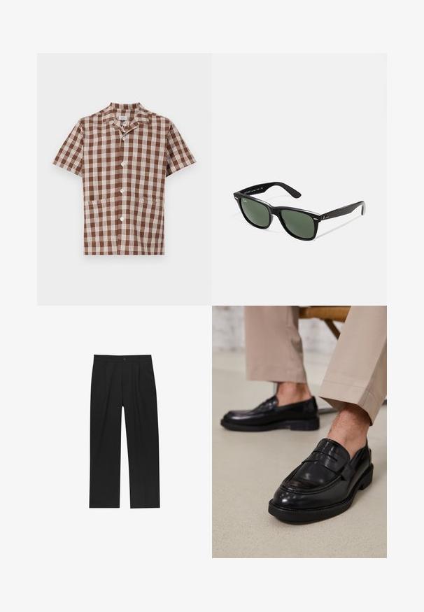 Bruine en beige geruite blouse met korte mouwen, voorzien van een kraag, knoopsluiting en twee voorzakken. Vrouwelijk katoen.; Zwarte broeken met een recht model, gemaakt van een gladde stof. Voorzien van een voorplooien en een enkele knoopsluiting bij de taille.; Zwarte leren loafers met een gladde afwerking, voorzien van een decoratieve band en contrasterende stiksels, gecombineerd met beige broeken.; Zwarte plastic zonnebril met groene lenzen, vierkante montuur, zilveren accent op de wenkbrauw en een gestructureerde tempel. Merken vermeld op de binnenkant van de arm.