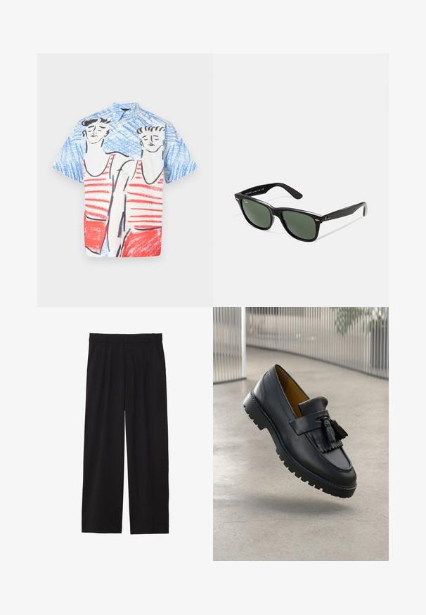 Camisa de manga corta con botones que presenta un fondo azul con un diseño de rayas rojas y blancas, figuras ilustradas y un ajuste relajado.; Pantalones de pierna ancha negros con frente plisado, bolsillos laterales y una textura de tela suave. Diseñados para un ajuste relajado.; Mocasín de cuero negro con detalle de borlas, acabado liso y suela de goma con ranuras de tracción. Interior forrado en marrón contrastante.; Gafas de sol de plástico negro con lentes verdes, montura cuadrada, acento plateado en la ceja y brazos texturizados. Marca indicada en el brazo interno.