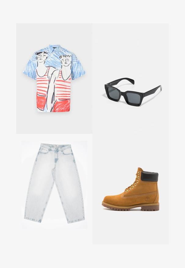 Camisa de manga corta con botones que presenta un fondo azul con un diseño de rayas rojas y blancas, figuras ilustradas y un ajuste relajado.; Pantalones de mezclilla azul claro con un ajuste suelto y holgado. Presenta cinco bolsillos, cierre de botón y detalles de costura. Textura desgastada y piernas rectas.; Botín de ante marrón claro con collar acolchado negro, ojales de metal dorado, detalles de costura blanca y suela de goma resistente con tacos pronunciados.; Gafas de sol rectangulares negras con lentes oscuros. Montura de plástico con un acabado brillante, que cuenta con un puente ancho y brazos ligeramente cónicos.